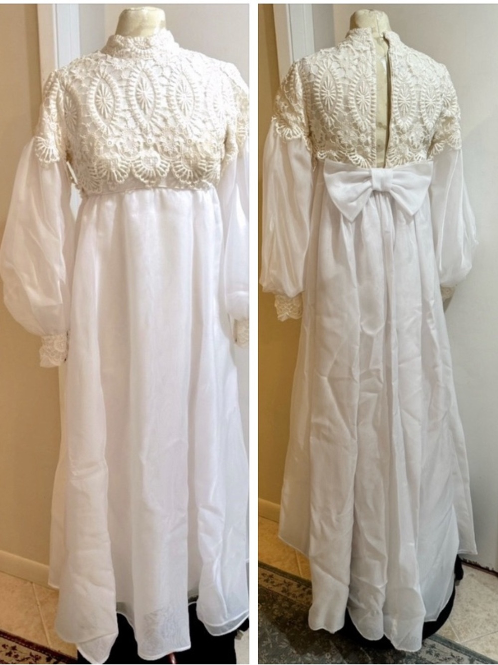 Emma Domb Organza Lace Bow Removable Train Balloon Sleeve Vintage Wedding Dress